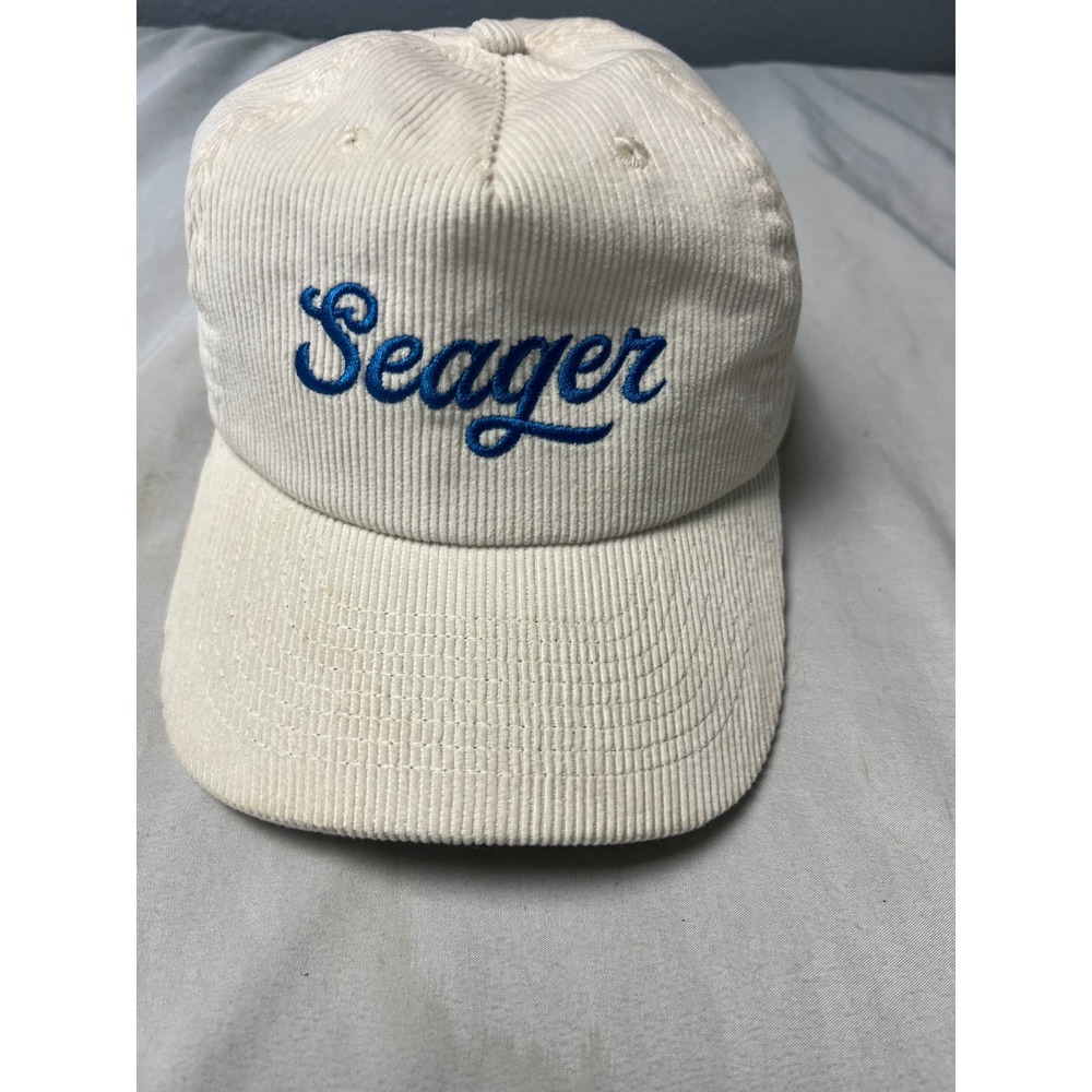 Seager Corduroy Snapback Hat Cream Off White Blue Script Logo Cap